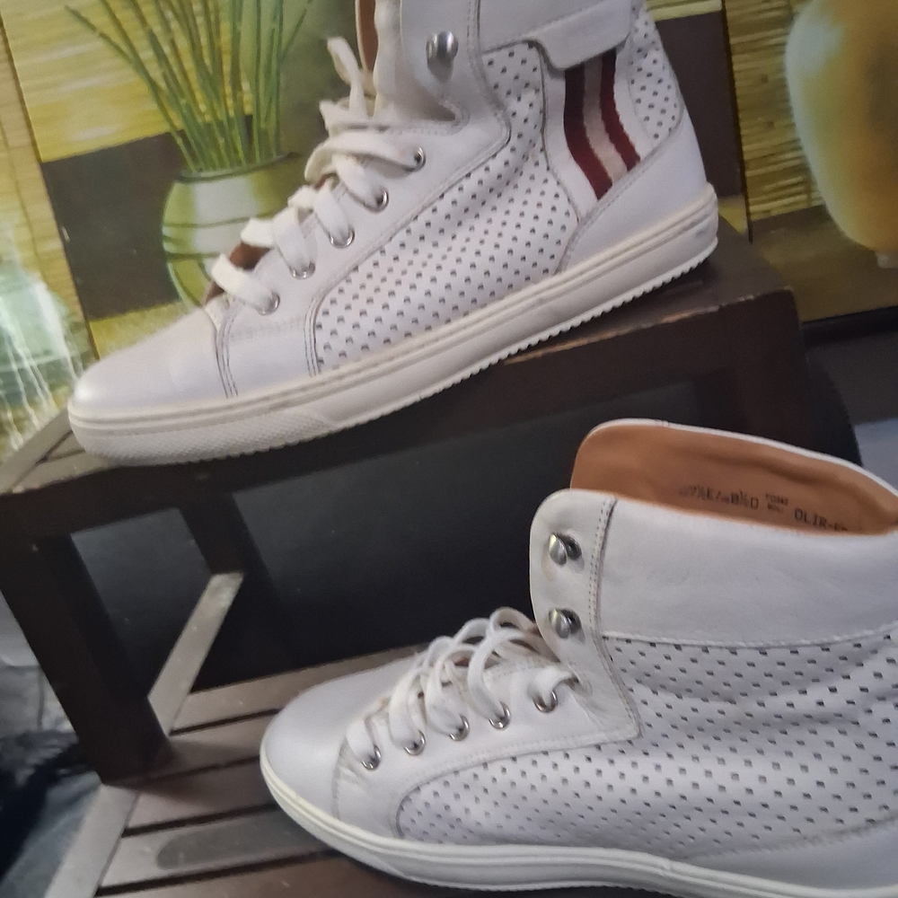 Bally White Perforated High-Top Sneakers with Red Stripes